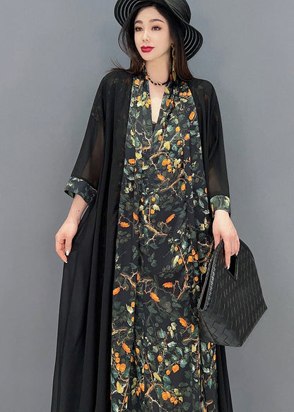 Black V Neck Print Silk Long Dress and Tulle Long Cardigan Two Pieces Set Summer