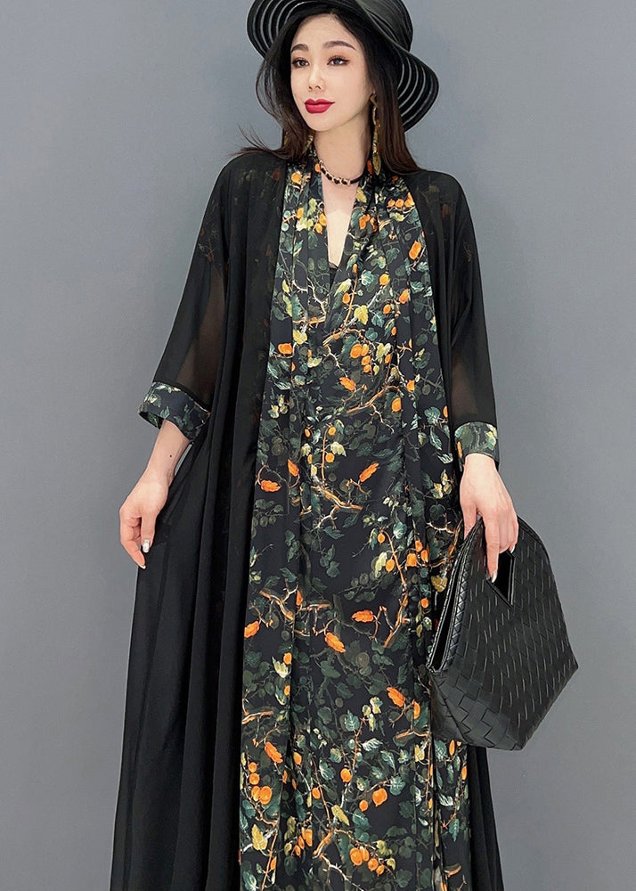 Black V Neck Print Silk Long Dress and Tulle Long Cardigan Two Pieces Set Summer
