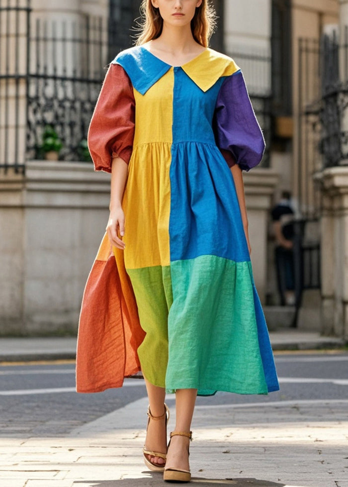 Diy Colorblock Patchwork Cotton Dress Oversized Half Sleeve