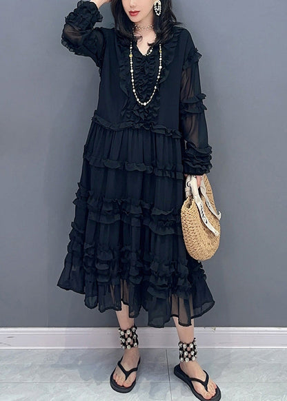 Black Patchwork Holiday Chiffon Maxi Dress Long Sleeve