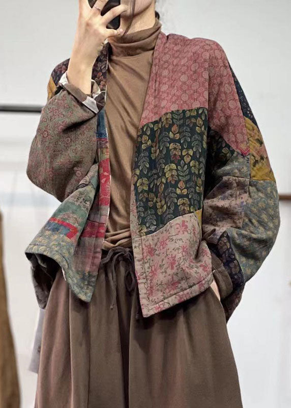 Colorblock V Neck Patchwork Print Cotton Coat Outwear Winter