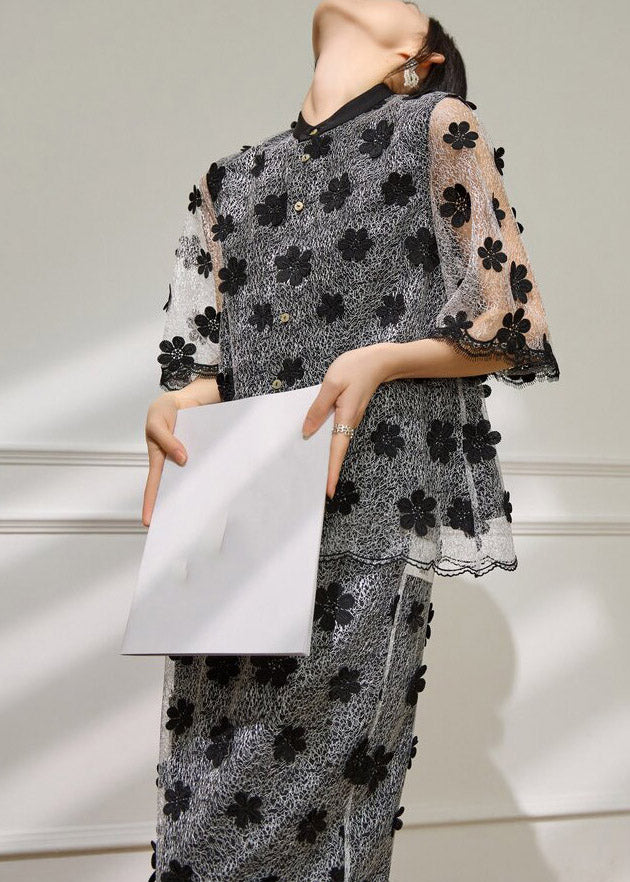 Vogue Black Embroidered Tulle Top and Maxi Skirts Two Pieces Set Short Sleeve