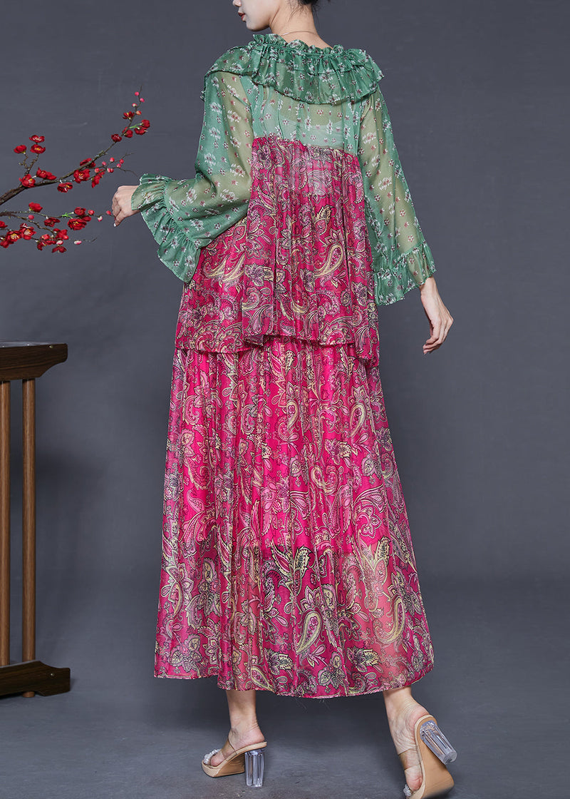 Rose Ruffled Patchwork Print Silk Two Pieces Set Fall