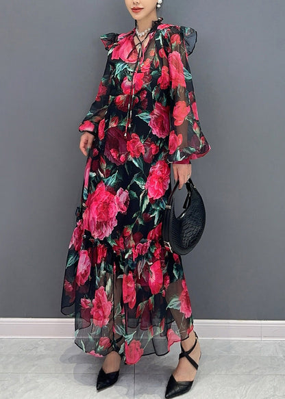 Red Print Lace Up Chiffon Long Dress Lantern Sleeve