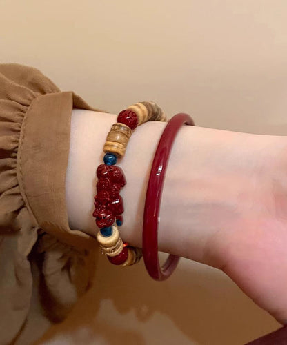 Handmade Red Cinnabar Bracelet and Coconut Shell a Mythical Wild Animal Two Piece Set Bangle