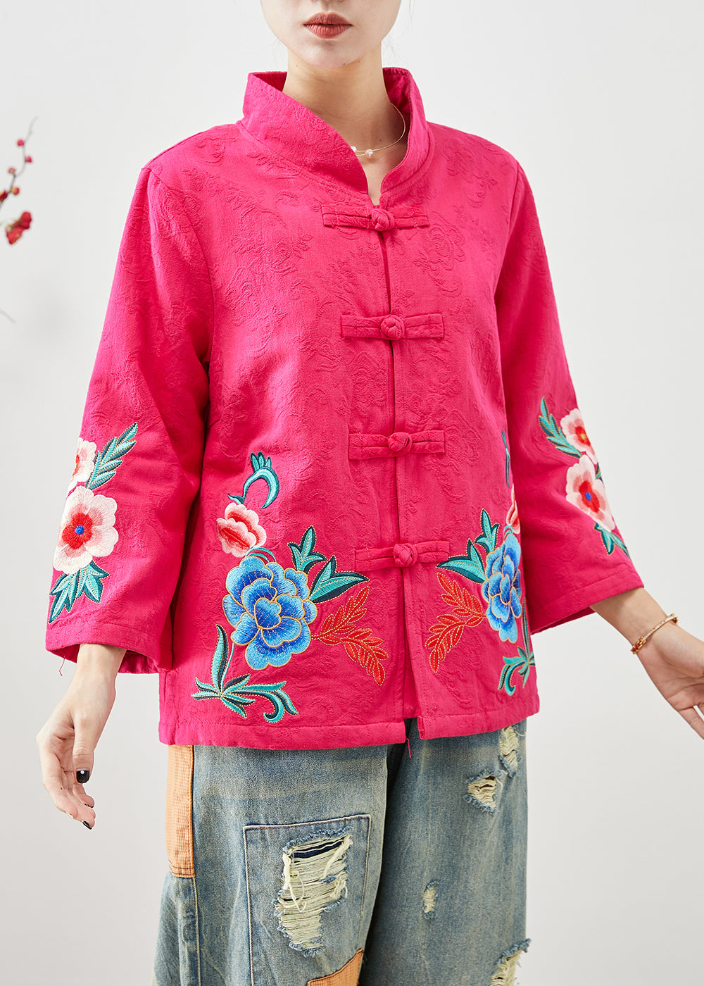 Rose Embroideried Jacquard Chinese Button Cotton Jackets Fall
