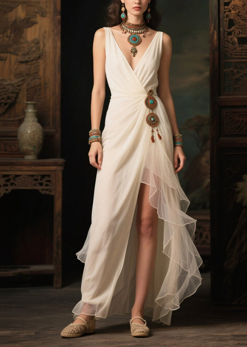 White Asymmetrical Side Open Tulle Vacation Dresses Summer