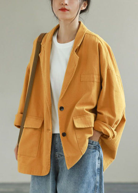 Yellow Notched Pockets Patchwork Cotton Coats Spring