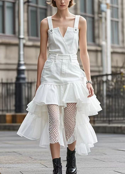White Ruffles Patchwork Organza Denim Dress Summer