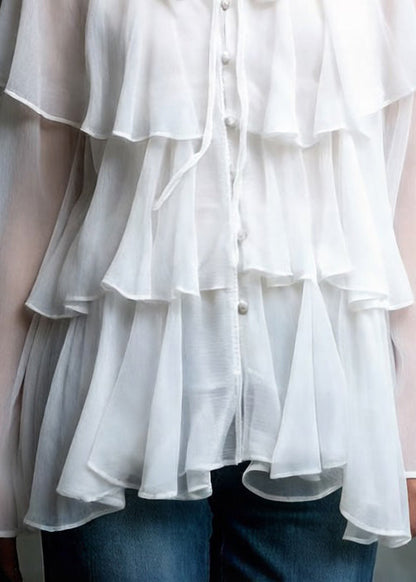 Boutique White Lace Up Ruffled Chiffon Shirt Spring