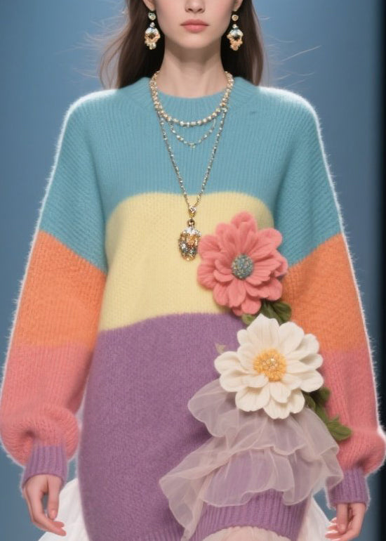 French Colorblock O Neck Tulle Knit Sweater Dress Winter