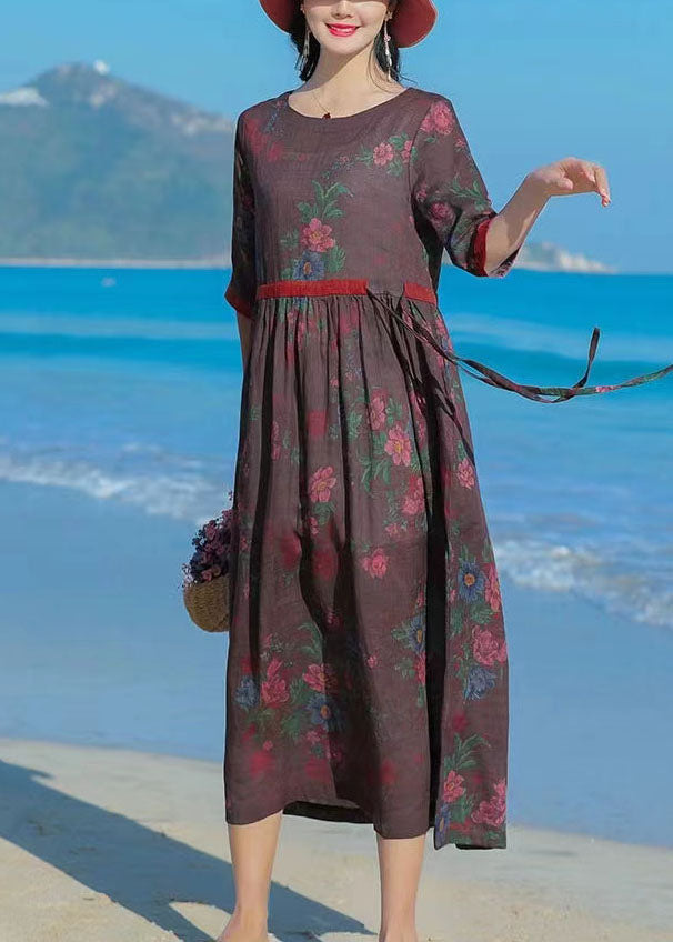Fitted Chocolate O-neck Tie Waist Patchwork Print Linen Dress Half Sleeve
