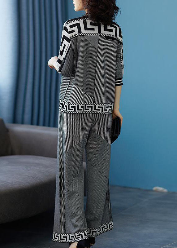 French Grey O-neck Striped Silk Sweatshirt Sets 2 Pieces Fall