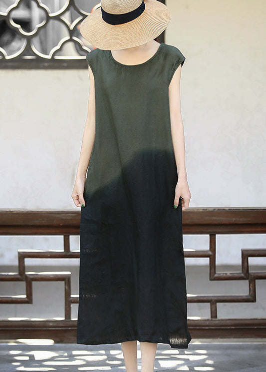 Slim Fit Blackish Green O-neck Color Contrast Tie Dye Long Dress Sleeveless