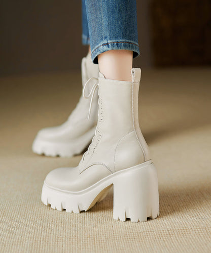 Black Cross Strap Splicing Cowhide Leather Chunky Boots