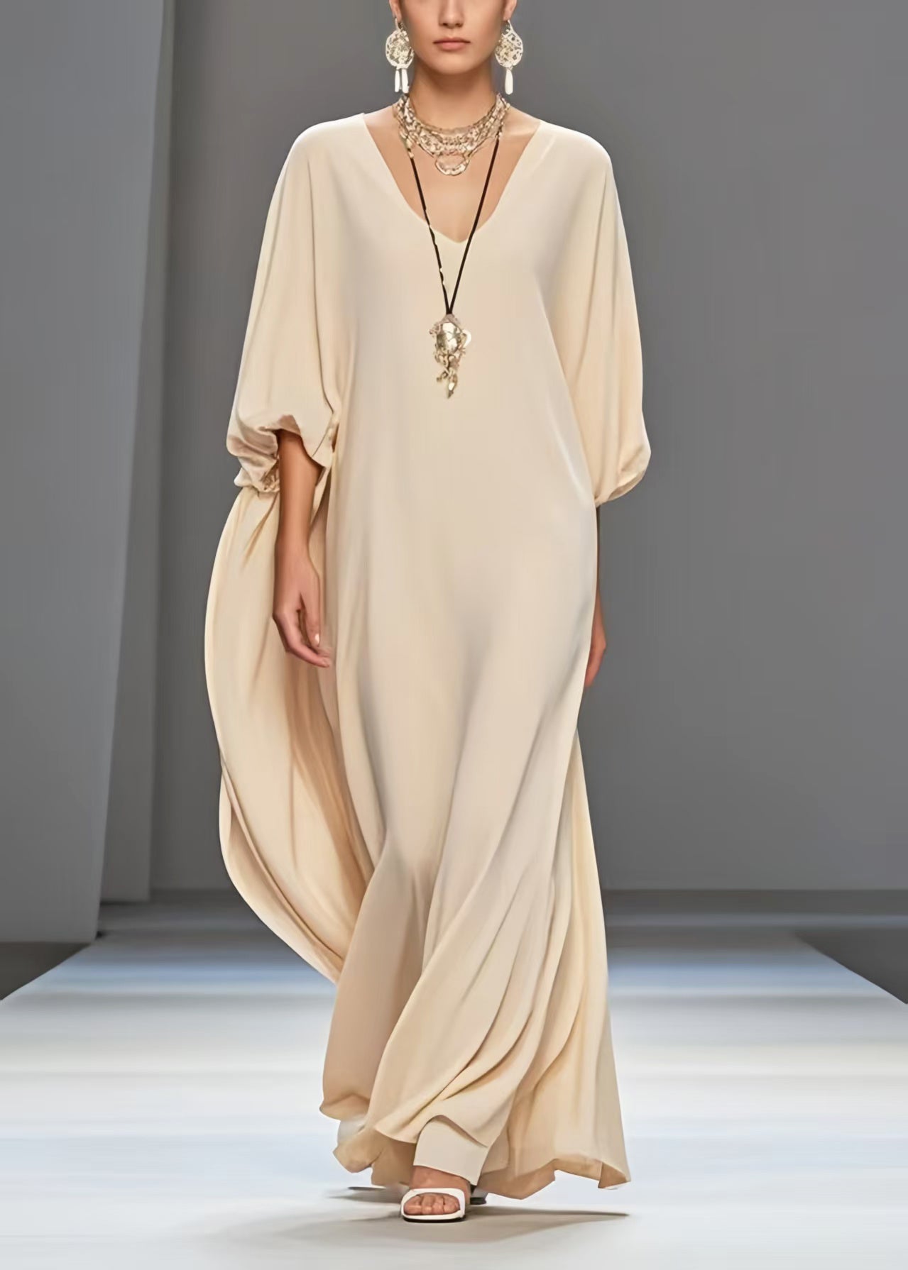 Art Apricot Oversized Draping Chiffon Dress Lantern Sleeve Summer