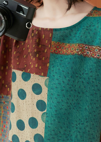 Handmade Colorblock O-neck Print Cotton Dresses Short Sleeve