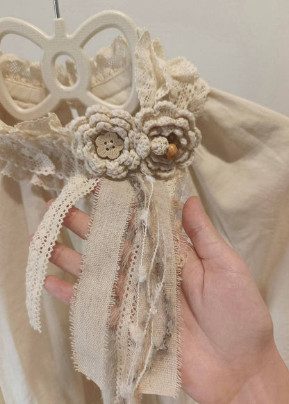 Beige Decorated Patchwork Lace Shirt Top Spring
