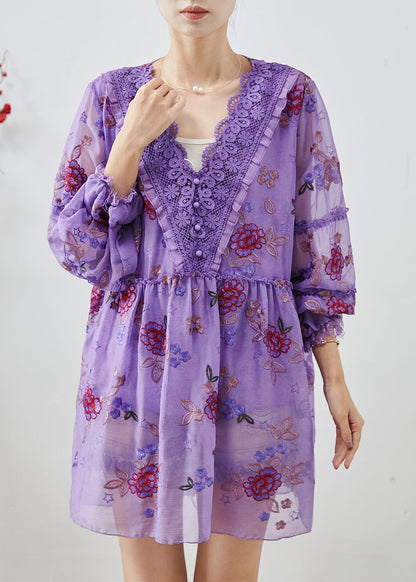 Purple Embroidered Patchwork Chiffon Vacation Dress Fall