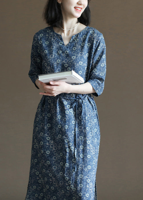 Unique Navy V Neck Print Tie Waist Linen Dresses Half Sleeve