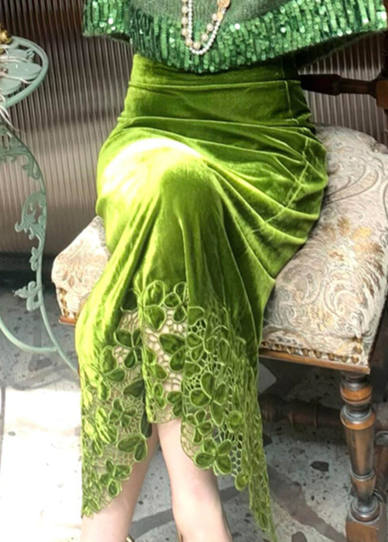 Fitted Green Knit Sweaters and Velour Skirts Two Piece Suit Set Fall