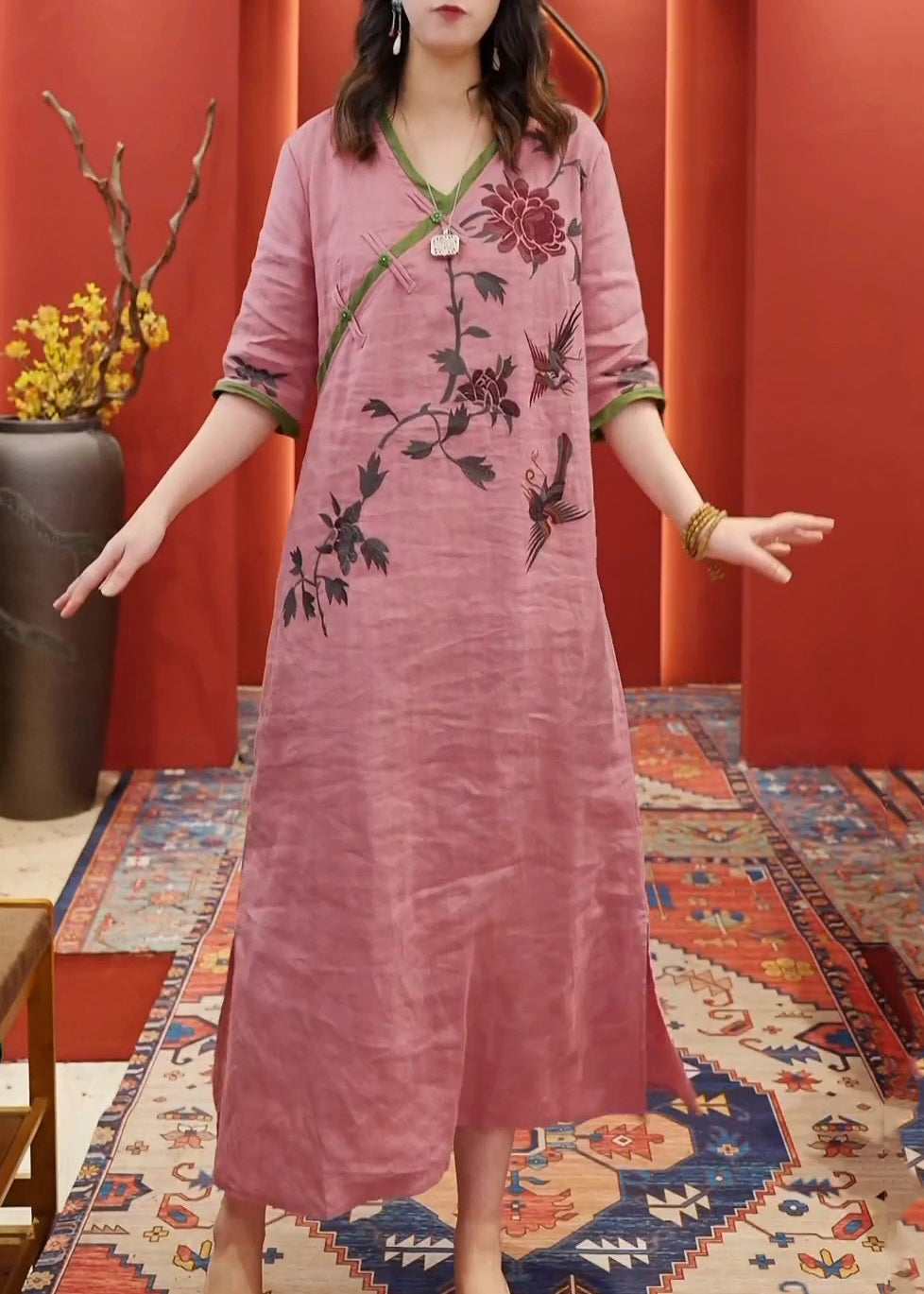 New Pink V Neck Print Side Open Cotton Dress Half Sleeve Summer