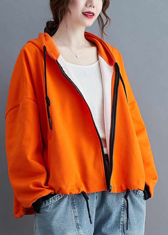 Unique Orange Hooded Zippered Drawstring Fall Jacket Long Sleeve