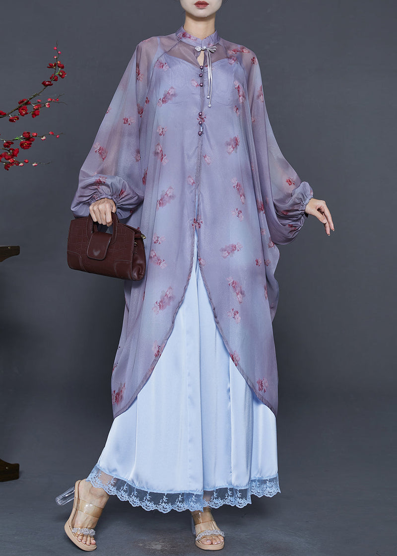 Boutique Purple Tasseled Print Silk Two Pieces Set Batwing Sleeve
