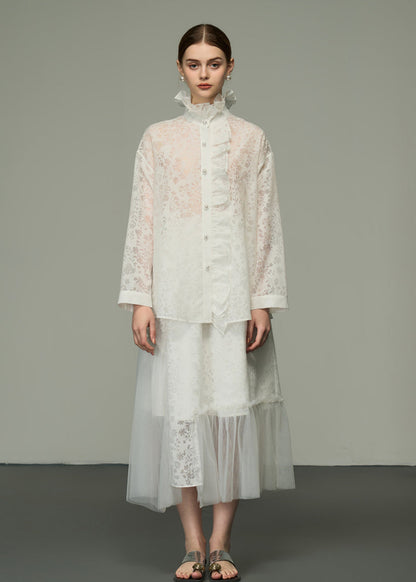 White Ruffled Jacquard Patchwork Silk Shirts Tops Long Sleeve