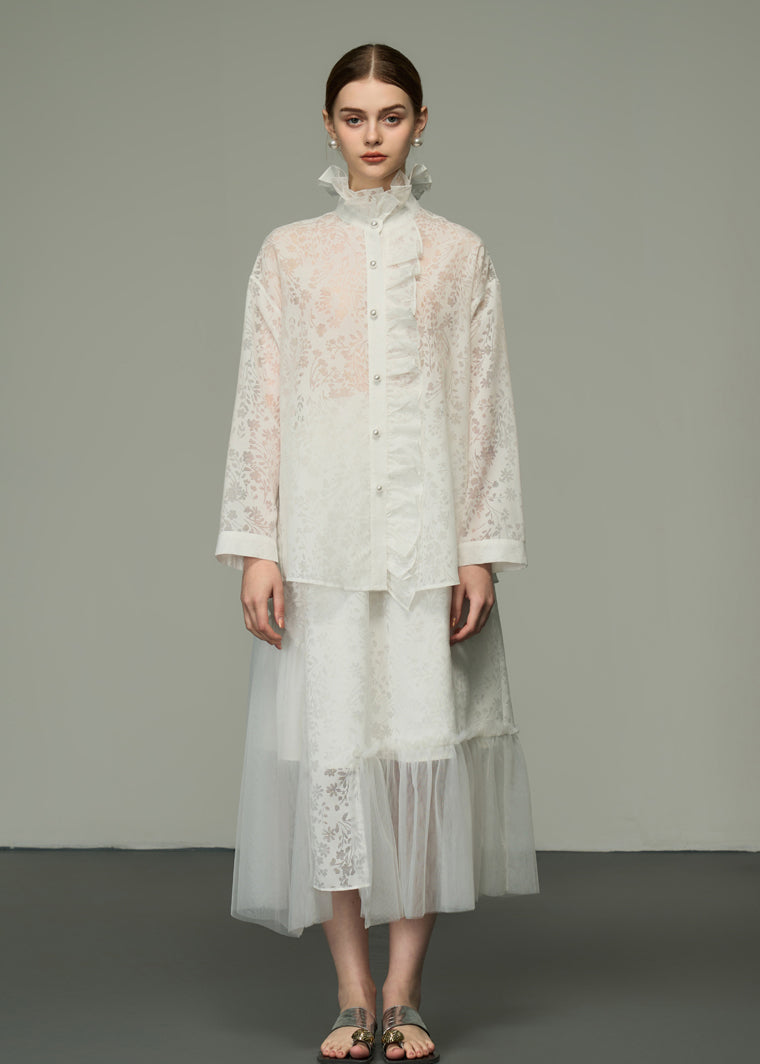 White Ruffled Jacquard Patchwork Silk Shirts Tops Long Sleeve