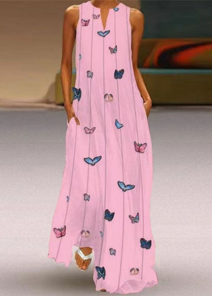 Purple V Neck Print Long Dress Summer