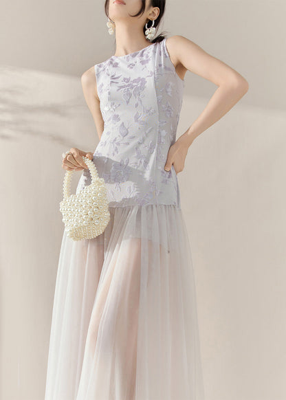 Natural Colorblock Print Tulle Patchwork Long Dress Sleeveless