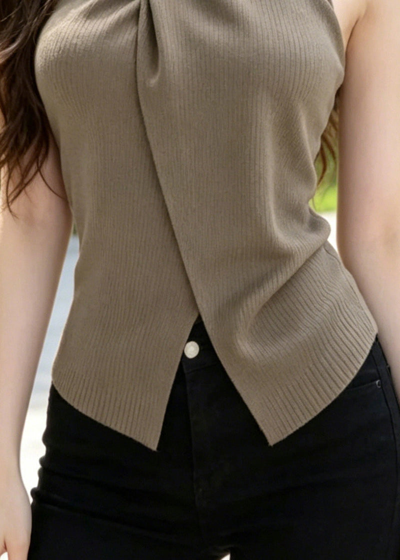 Fine Brown Asymmetrical Side Open Knit Halter Tops Summer