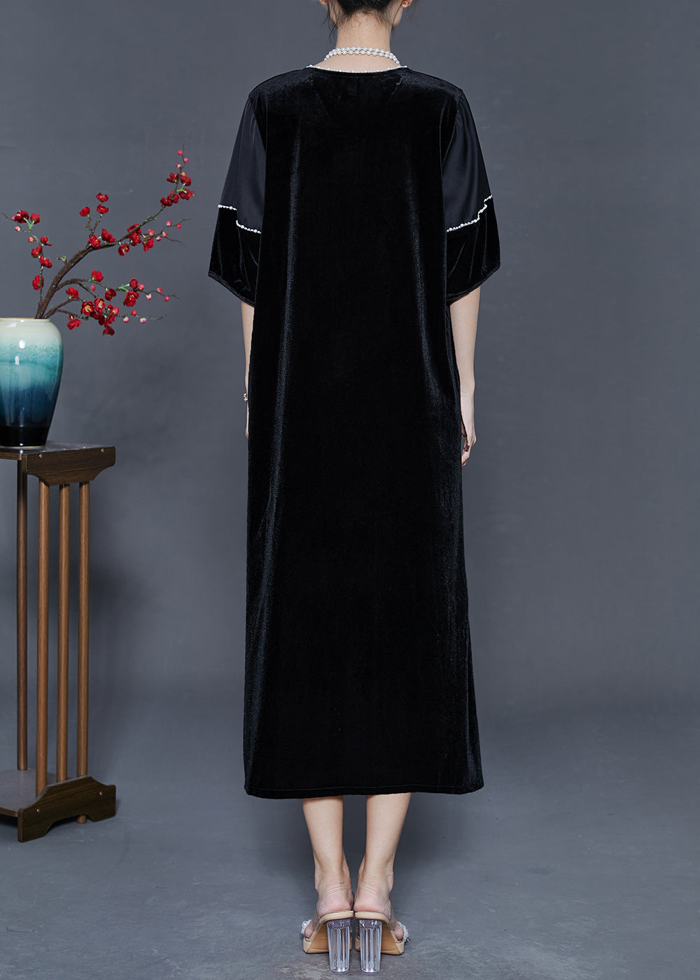 Black Oversized Side Open Silk Velour Party Dress Summer