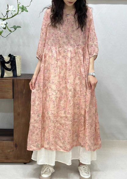 Yellow V Neck Print Linen Long Dresses Half Sleeve