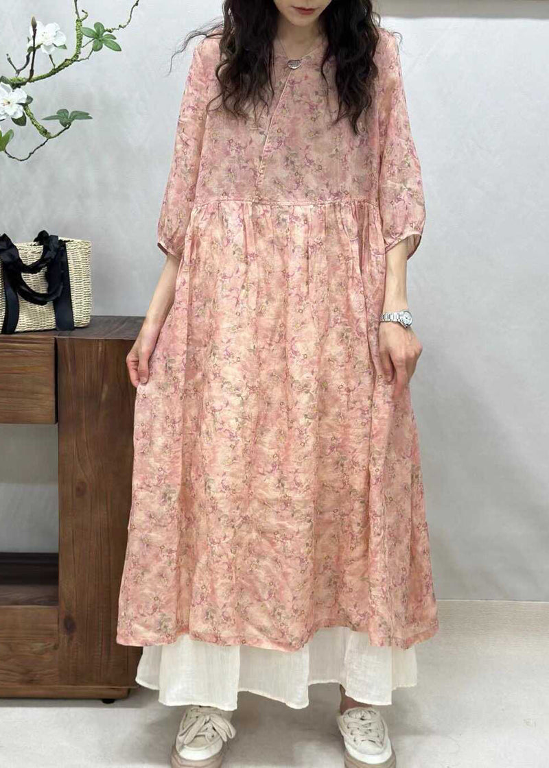 Yellow V Neck Print Linen Long Dresses Half Sleeve