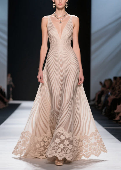 Apricot Striped Patchwork Lace Silm Fit Evening Dress Summer