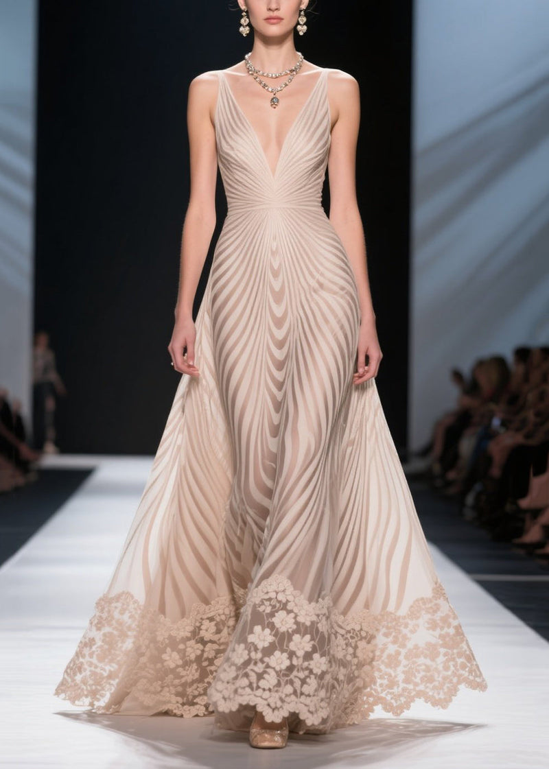 Apricot Striped Patchwork Lace Silm Fit Evening Dress Summer