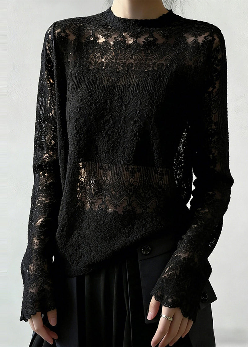 Black Jacquard Hollow Out Lace Top Spring