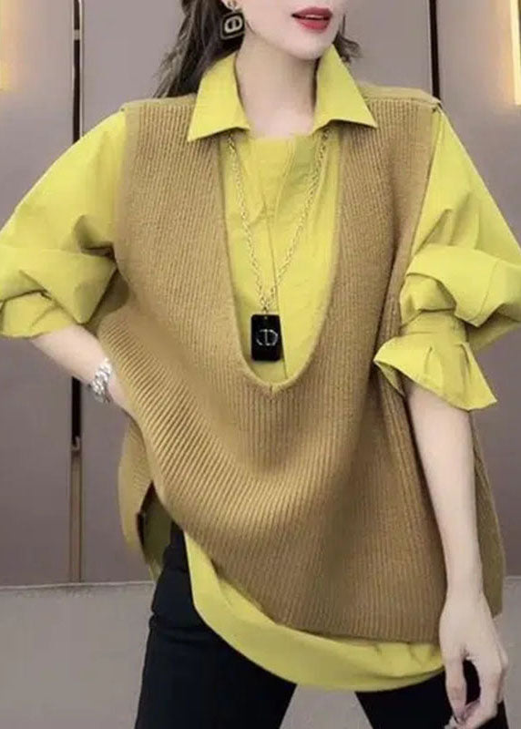 Modern V Neck Yellow Knit Waistcoat and Shirts Two Pieces Set Long Sleeve