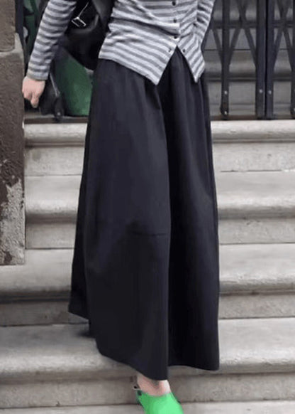 Art Black Pockets Elastic Waist Cotton Skirt Fall