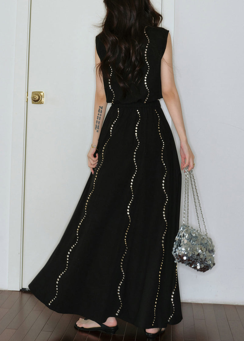 French Black Zircon Lace Up Tops and Skirts Cotton Two Pieces Set Sleeveless