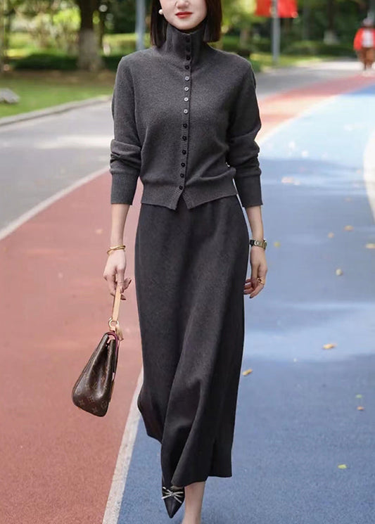 Dark Grey Stand Collar Cotton Knit Cardigans and Maxi Skirts Two Piece Set Winter