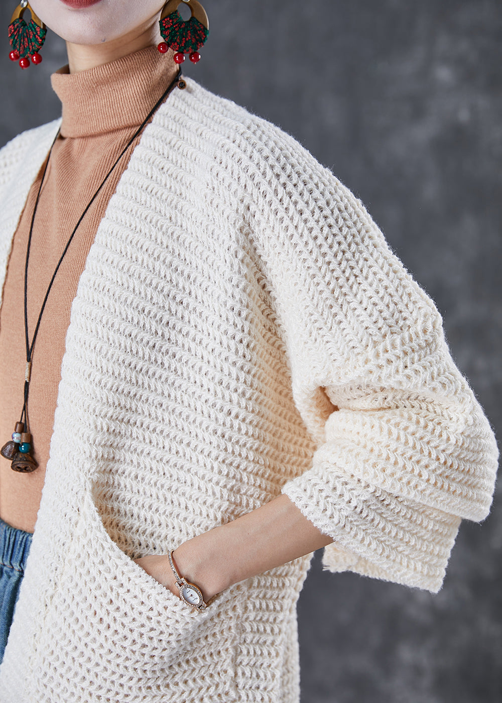 Beige Oversized Pockets Knit Cardigans Fall