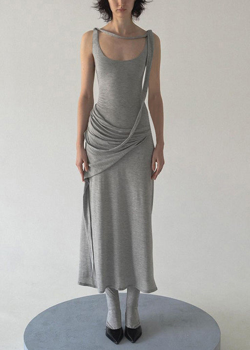 Art Grey Wrinkled Cotton Spaghetti Strap Dress Sleeveless