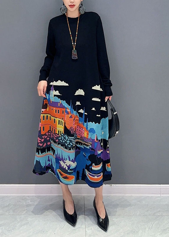 Black O-neck Print Knit Long Sweater Dresses Fall
