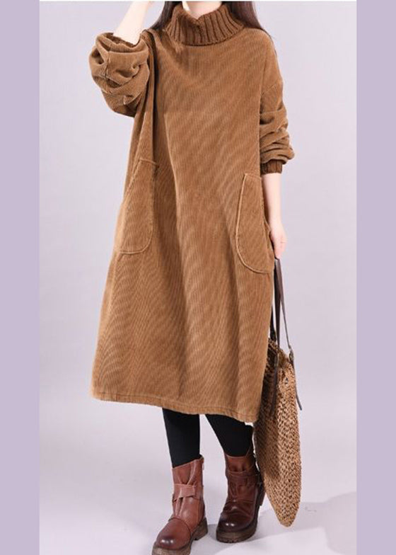 Chocolate Patchwork Thick Corduroy Dresses Turtle Neck Long Sleeve
