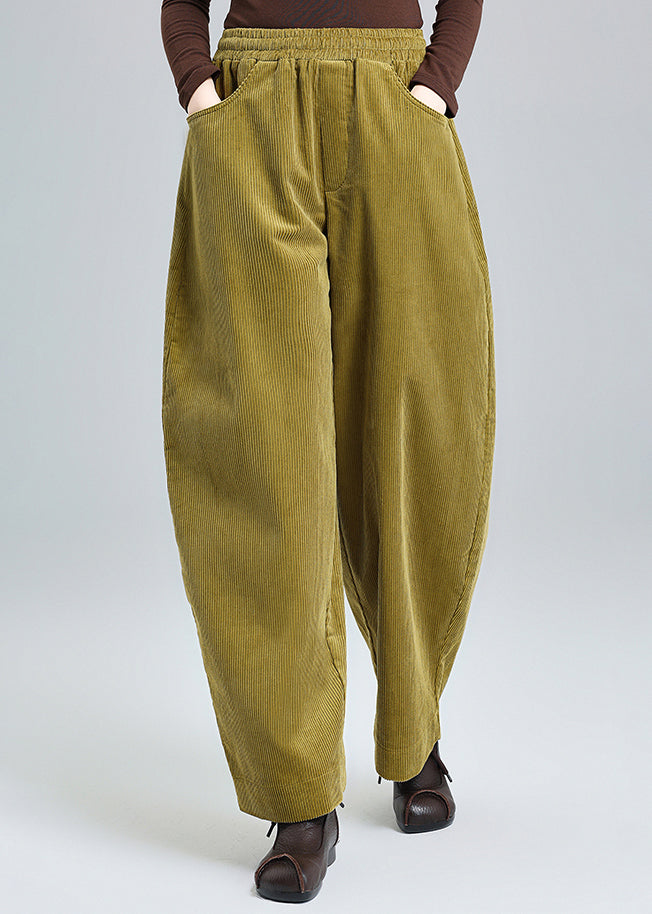 Grass Green Oversized Pockets Corduroy Pants Spring
