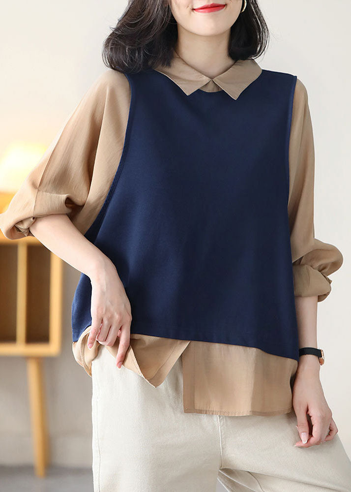 Navy Peter Pan Collar Patchwork Fake Two Piece Cotton Shirt Top Long Sleeve