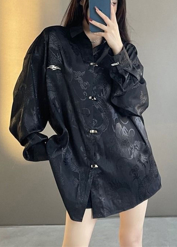 Black Oversized Jacquard Silk Shirt Tops Fall